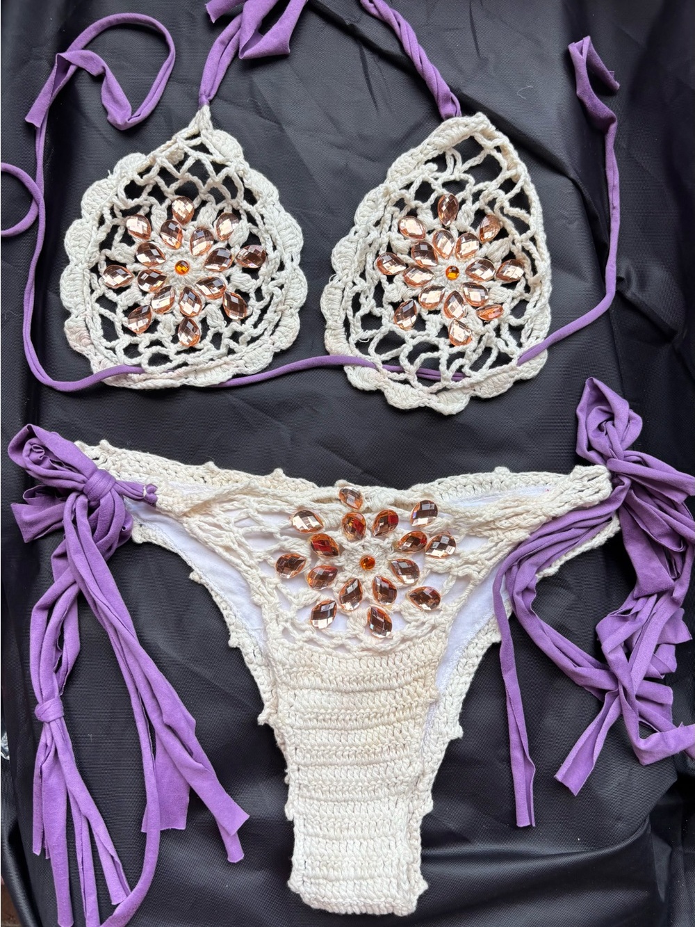 Crochet Gem-Embellished Bikini Set - Cream & Purple